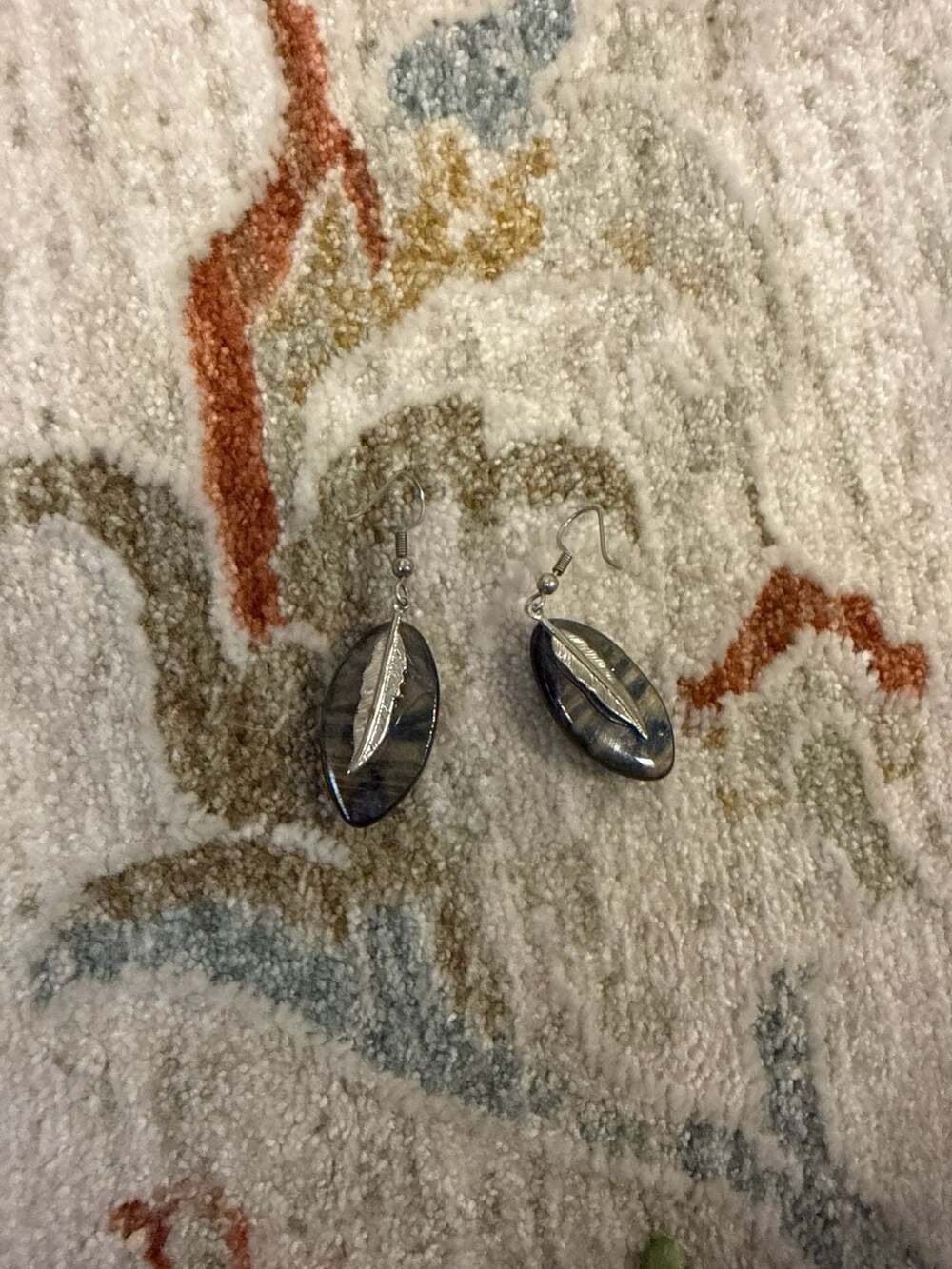 Natural Orthoceras Fossil Drop Earrings with Silver Feather Accents